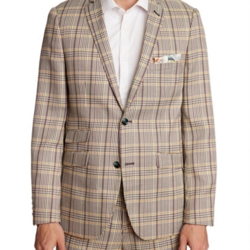Paisley and Gray Plaid Single Breasted Slim Fit Suit Size 44R 36W